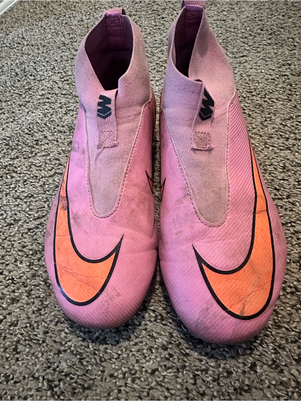 Nike Pink Laceless Soccer Shoes with Orange Swoosh
